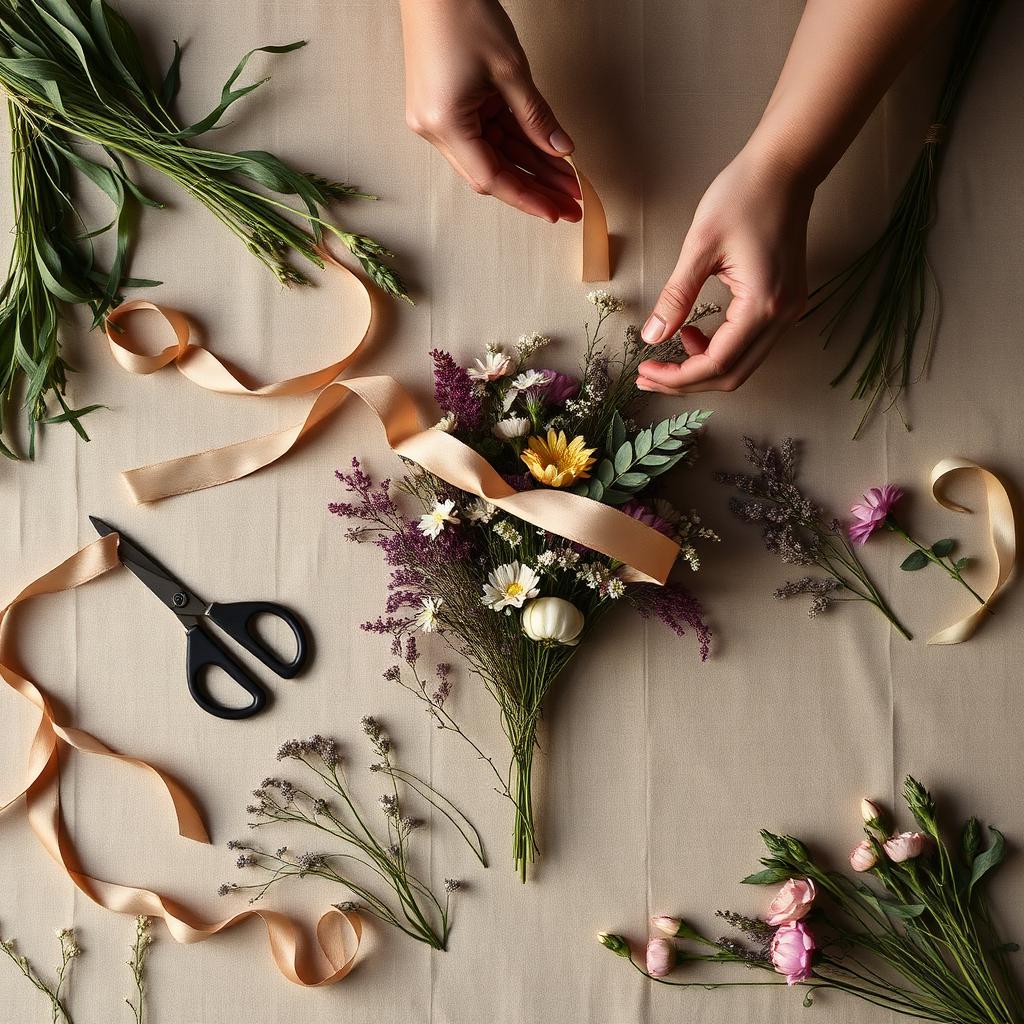 Floral workshop table with tools and stems